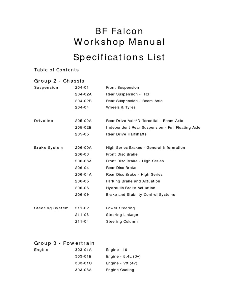 BF Falcon Manual Specifications List PDF Axle Automotive Technologies