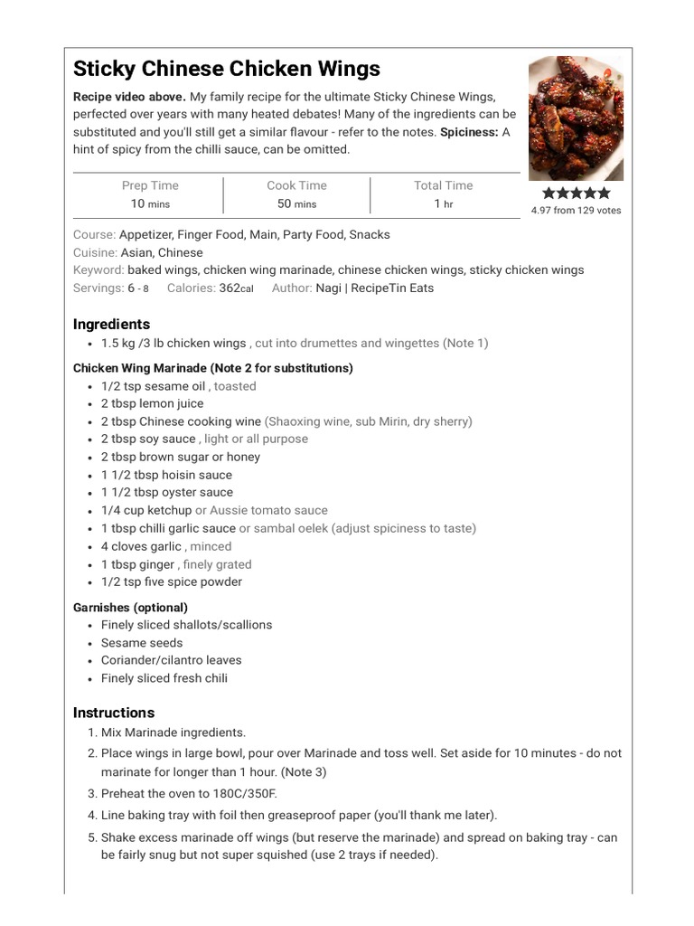 Sticky Chinese Chicken Wings Recipe | PDF | Chinese Cuisine | Foods