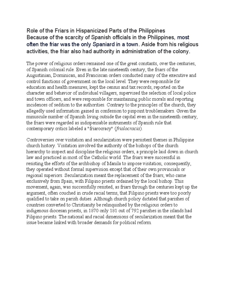 Role of the Friars in Hispanicized Parts of the Philippines PDF