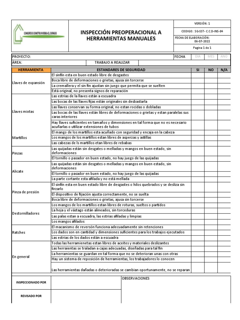 Inspección Preoperacional de Herramientas | PDF | Tornillo | Herramientas