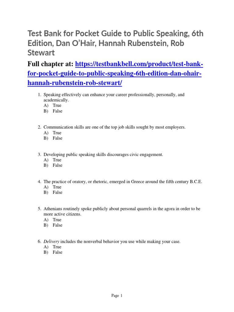 Test Bank For Pocket Guide To Public Speaking 6th Edition Dan Ohair
