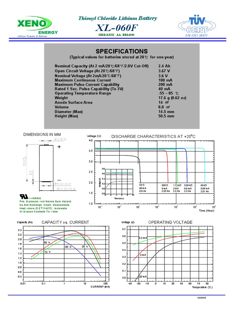 Xeno Energy XL060F Spec Sheet PDF Electrical Components