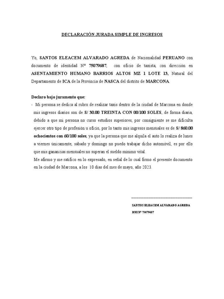 Declaración Jurada Simple de Ingresos | PDF