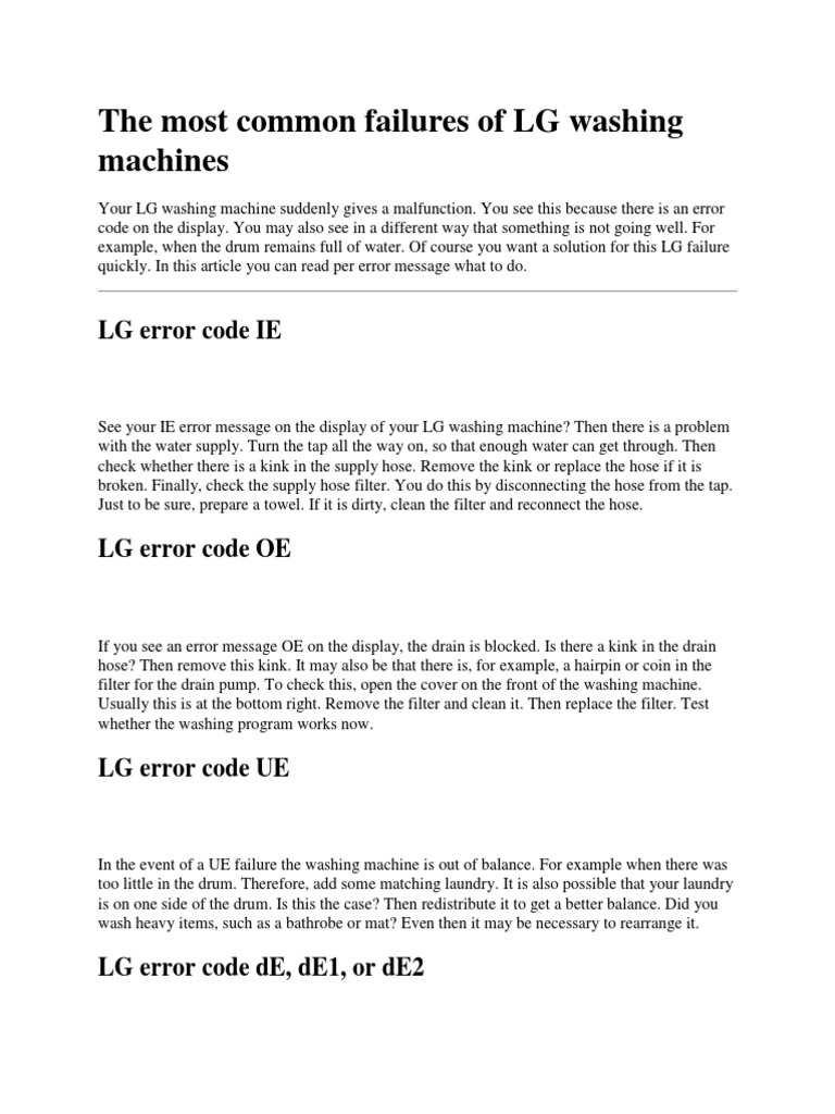 The most common failures of LG washing machines PDF Washing Machine
