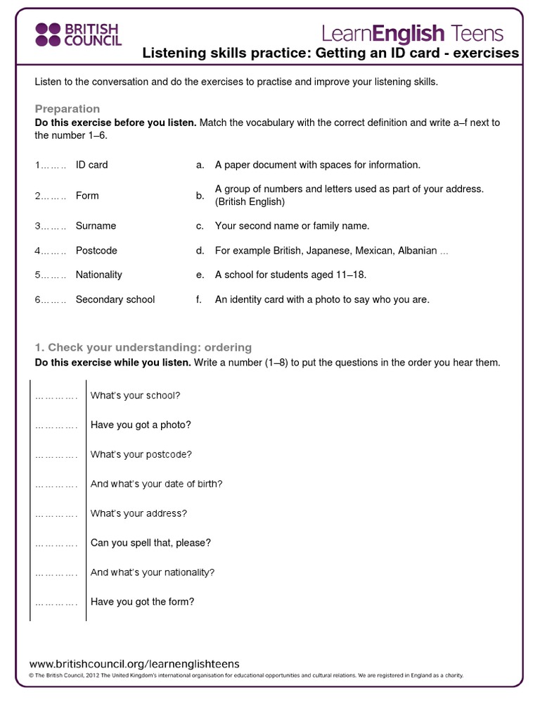 ID Card Listening Practice Exercises | PDF