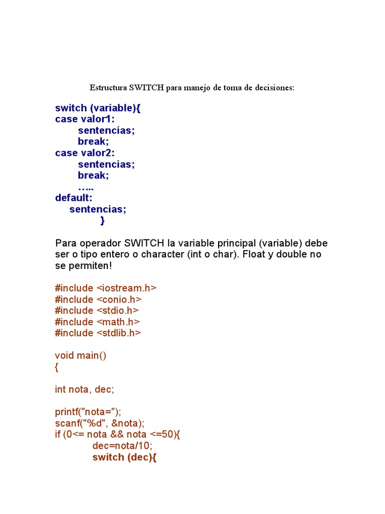 Estructura SWITCH en C++ | PDF | Ciencias de la Computación ...