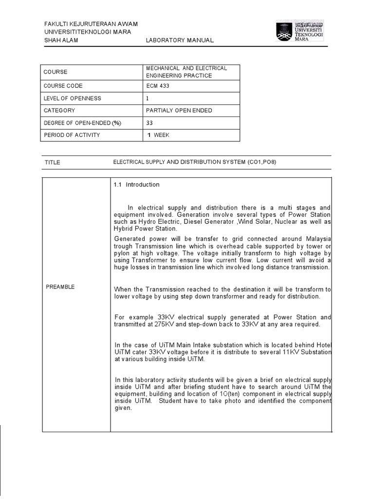 Lab manualELECTRICAL SUPLLY AND DISTRIBUTIONlevel 1NEW PDF