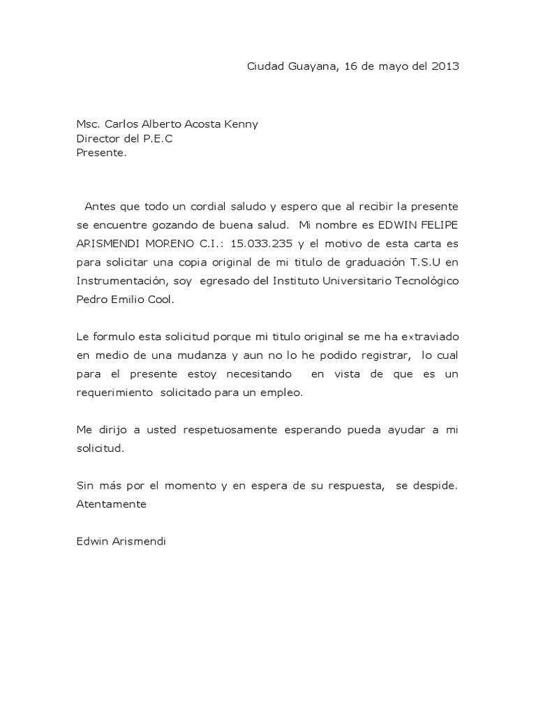 Carta de solicitud de titulo pdf