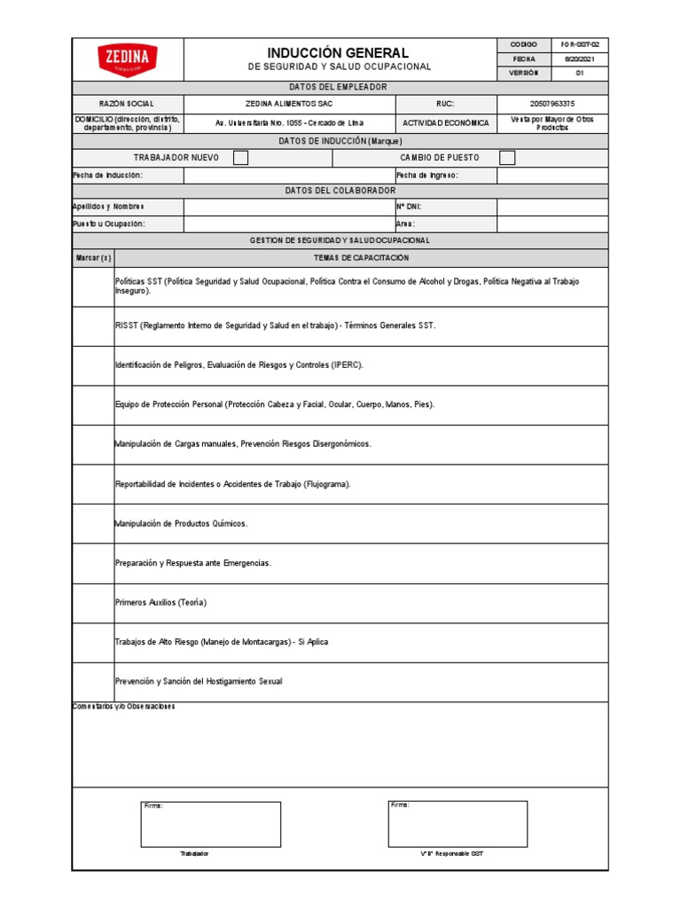 For-SST-02 Inducción General SST | PDF | Seguridad y salud ocupacional ...