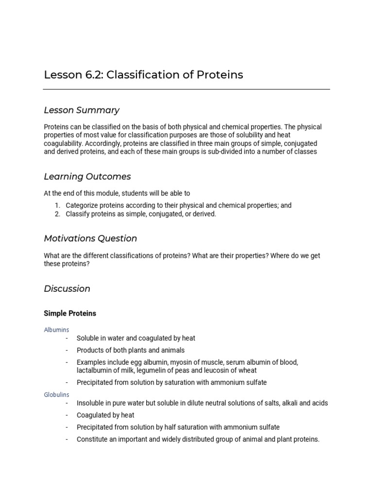 Lesson 6.2. Classification of Proteins | PDF | Proteins | Solubility