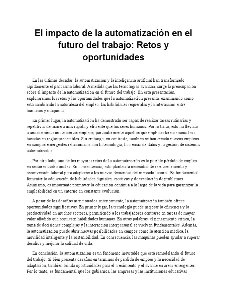 El Impacto de La Automatización en El Futuro Del Trabajo: Retos y ...