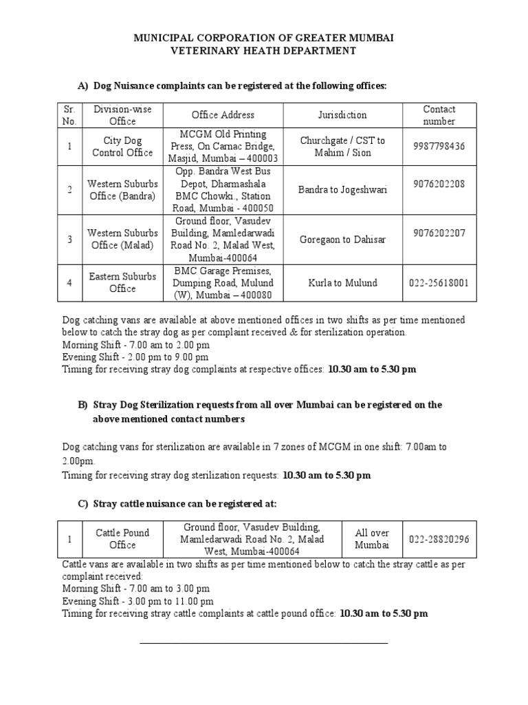 Information About Helpline Numbers of Dog Control Department PDF Mumbai