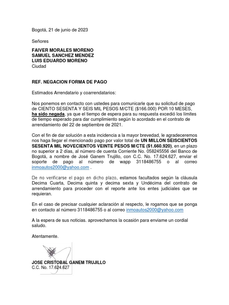 CARTA NEGACION PAGO POR CUOTAS | PDF