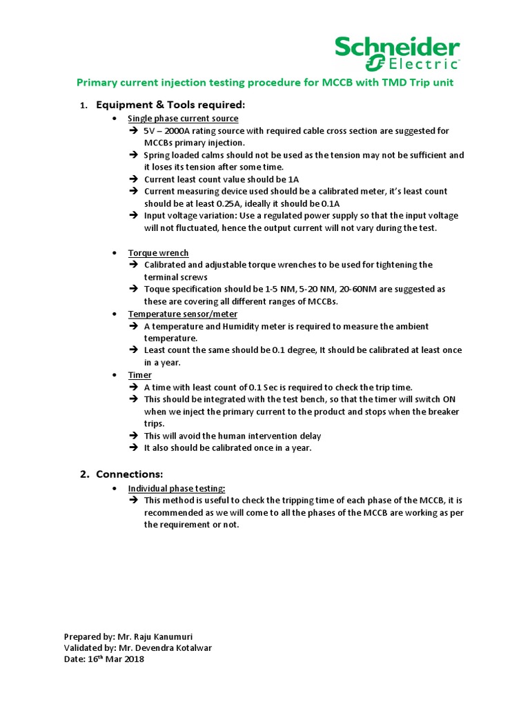 Primary Current Injection Testing Procedure For TMD MCCBs PDF Calibration Computer Engineering