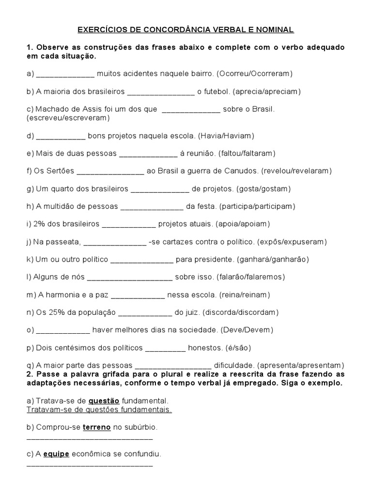 EXERCÍCIOS DE CONCORDÂNCIA VERBAL E NOMINAL (1) | PDF
