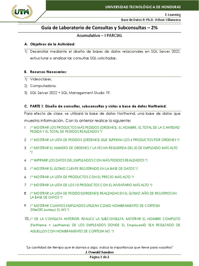 Laboratorio n2 de subconsultas primer parcial pdf bases de datos sql