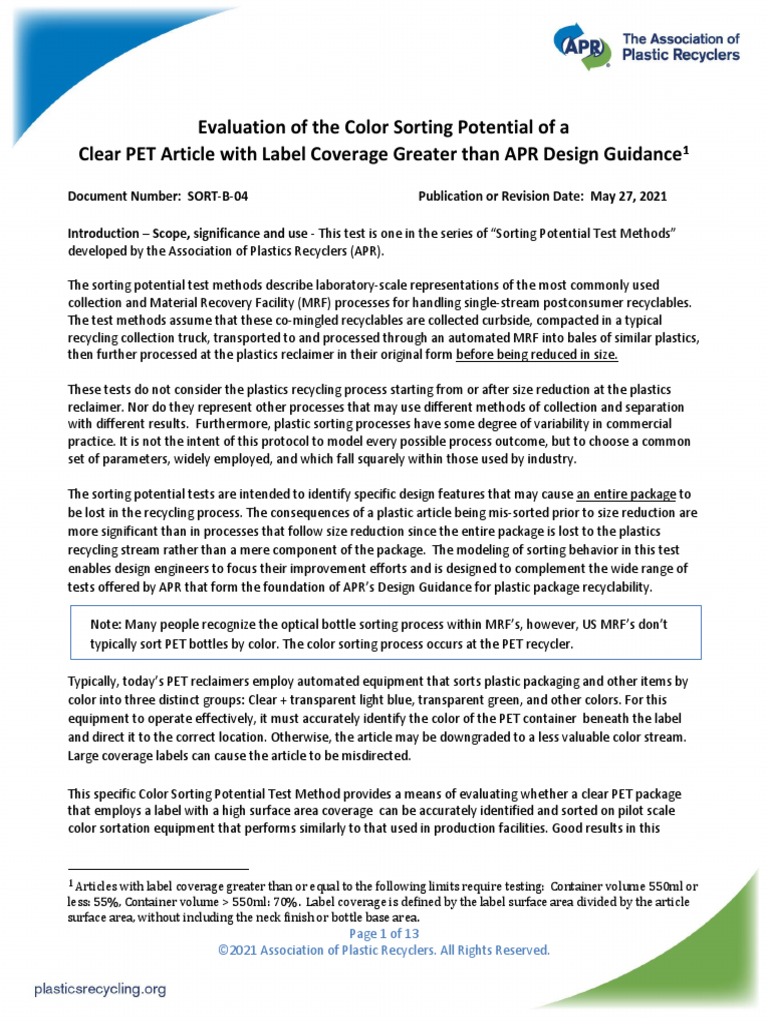 APR SORT B 04 Color Sortation Protocol | PDF | Recycling | Plastic