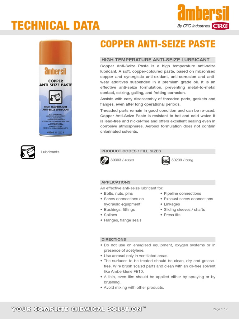 Ambersil Copper High Temperature Anti Seize Paste TDS PDF Mechanical Engineering