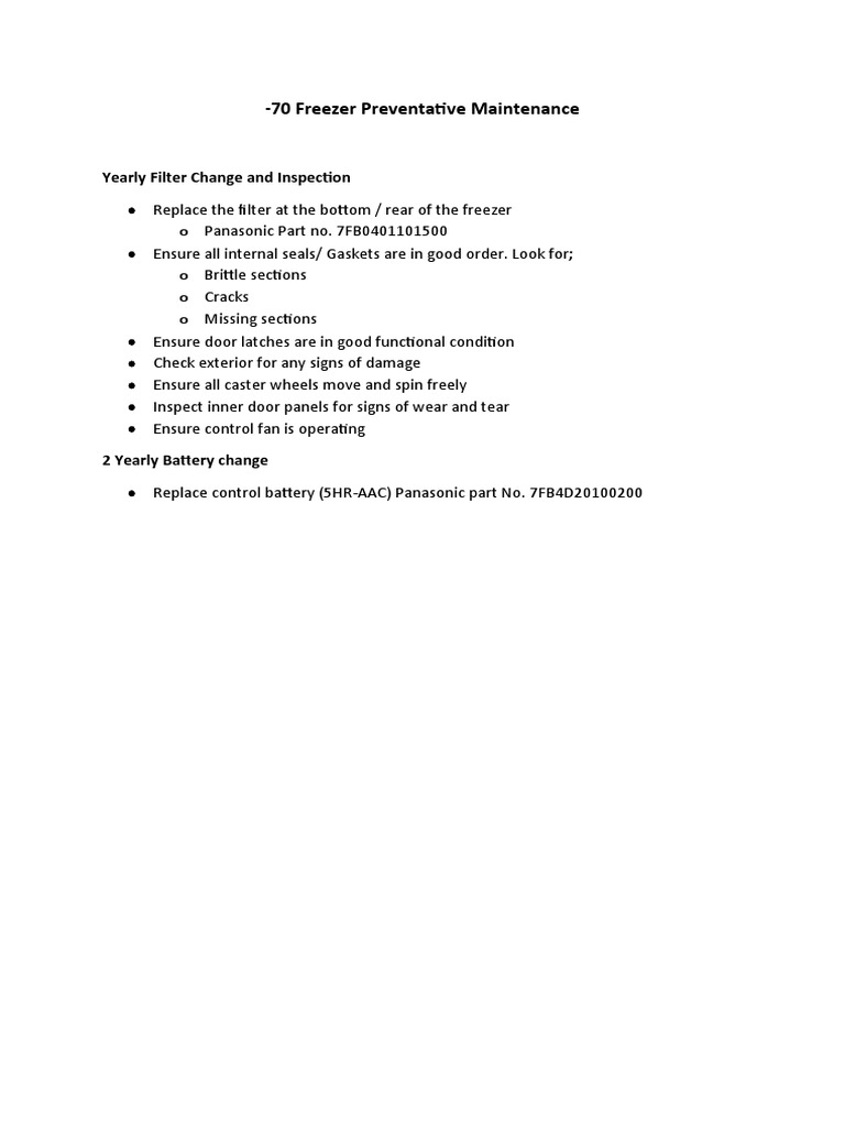 -70 Freezer Preventative Maintenance | PDF