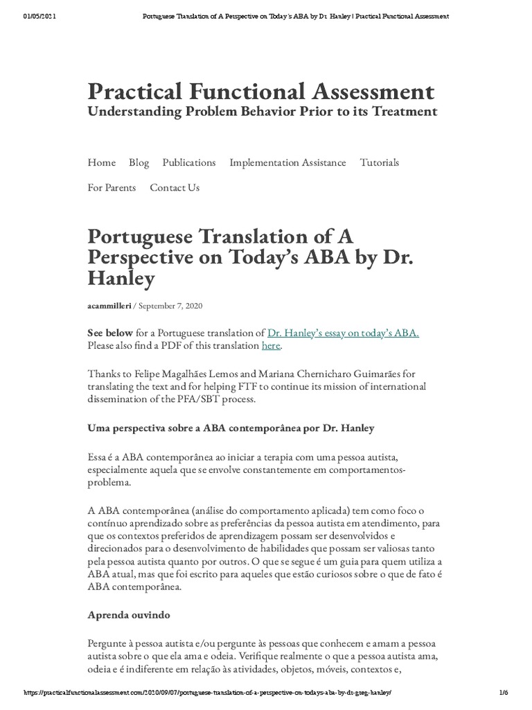Portuguese_Translation_of_A_Perspective_on_Today’s_ABA_by_Dr_Hanley PDF