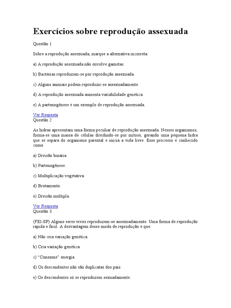 Exercícios sobre Reprodução Assexuada | PDF | Reprodução | Reprodução ...