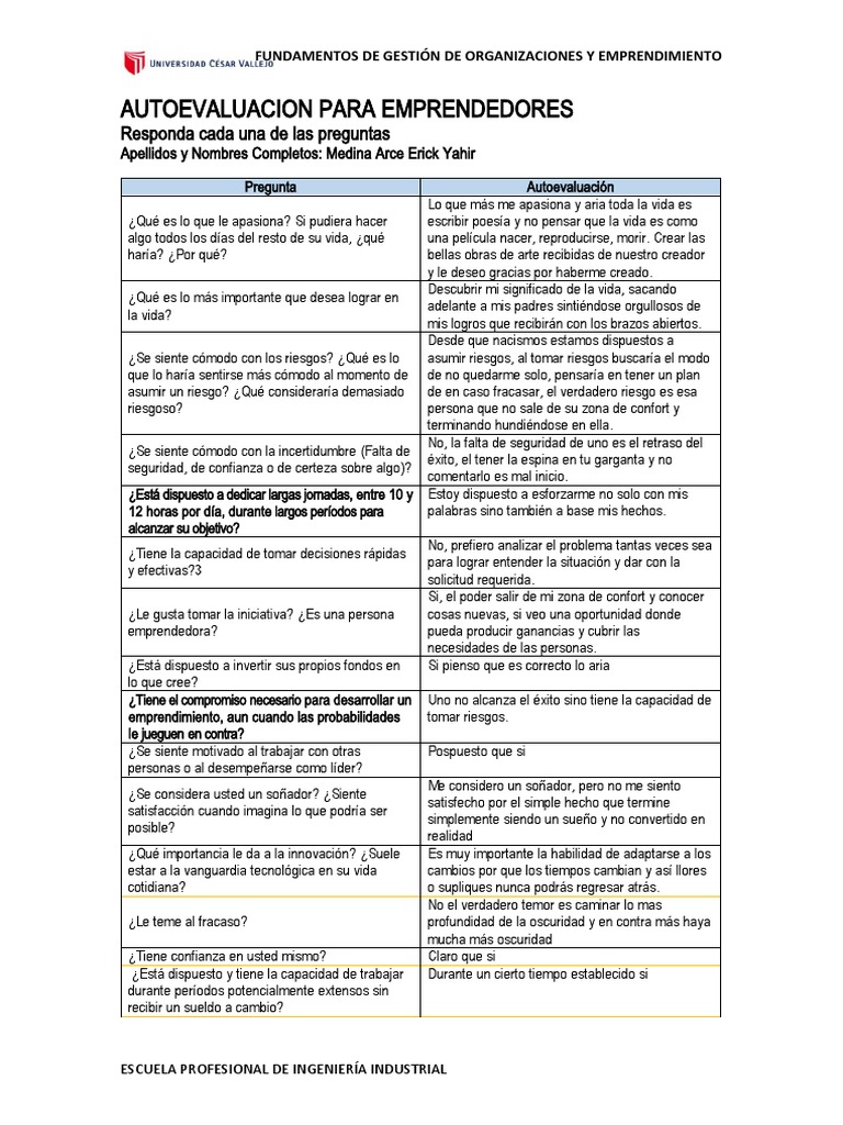 Autoevaluación para Emprendedores | PDF | Iniciativa empresarial