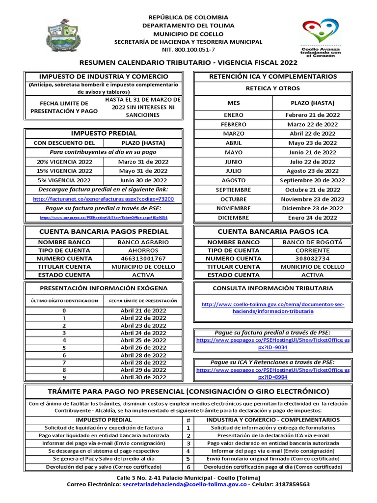 Coello 29125 05 calendario tributario 2022 municipio de coello pdf