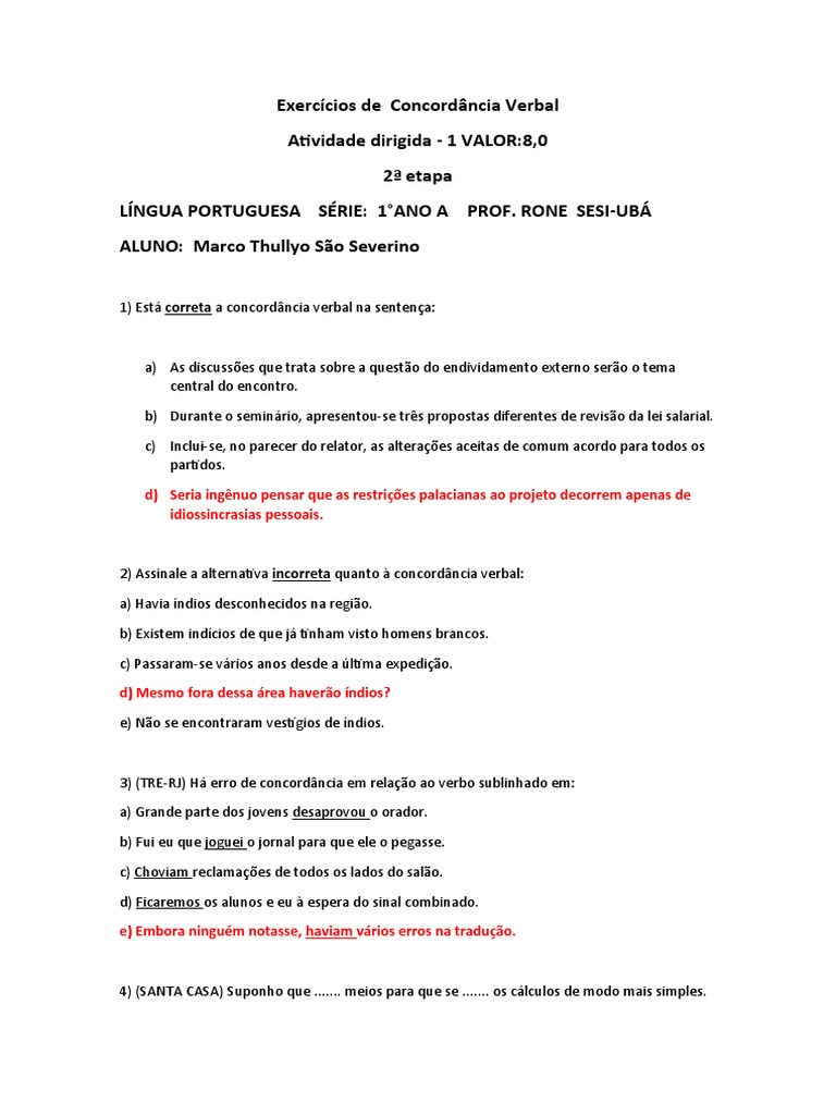 Exercícios Práticos de Concordância Verbal | PDF | Estudos de Línguas ...