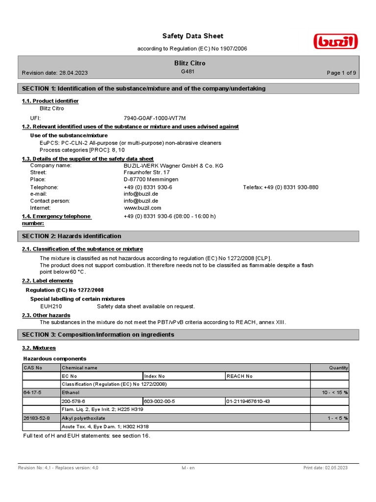 Blitz Citro Safety Data Sheet | PDF | Waste | Toxicity