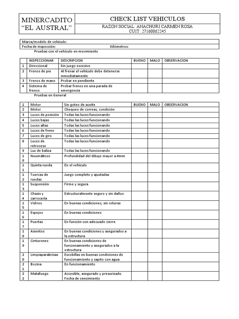 Check List Vehiculos | Descargar gratis PDF | Bienes manufacturados ...