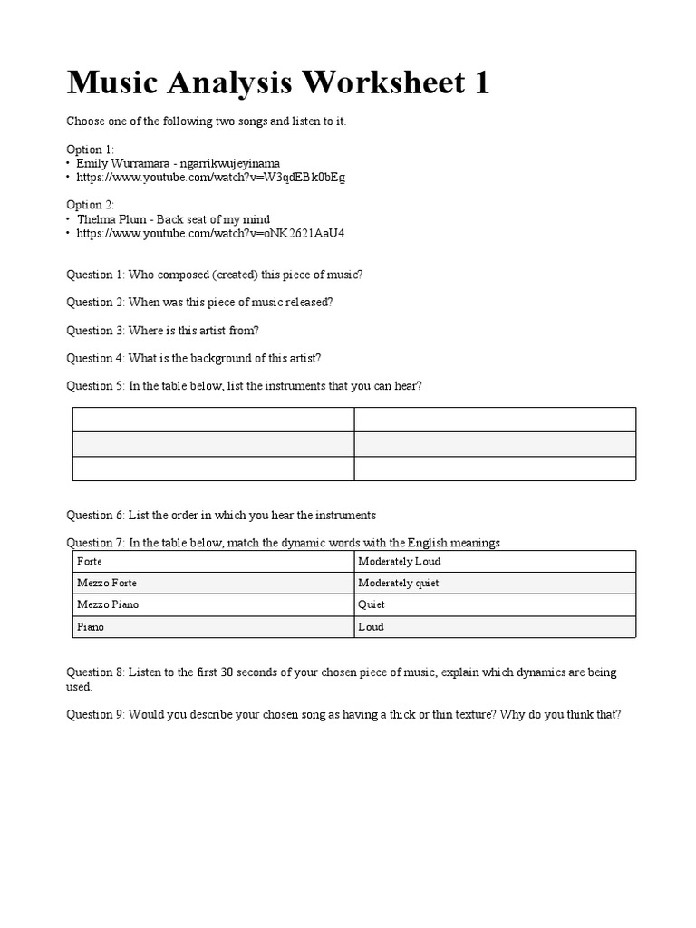 Music Analysis Worksheet PDF