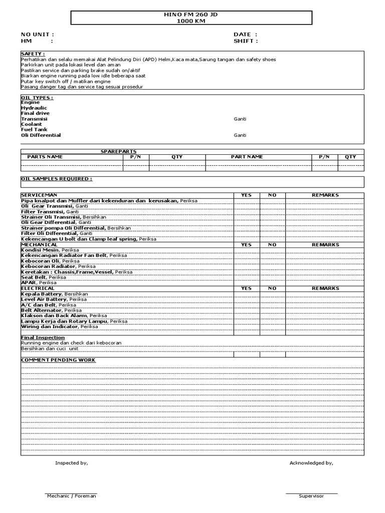 Lembar Servis HINO FM 260 JD | PDF