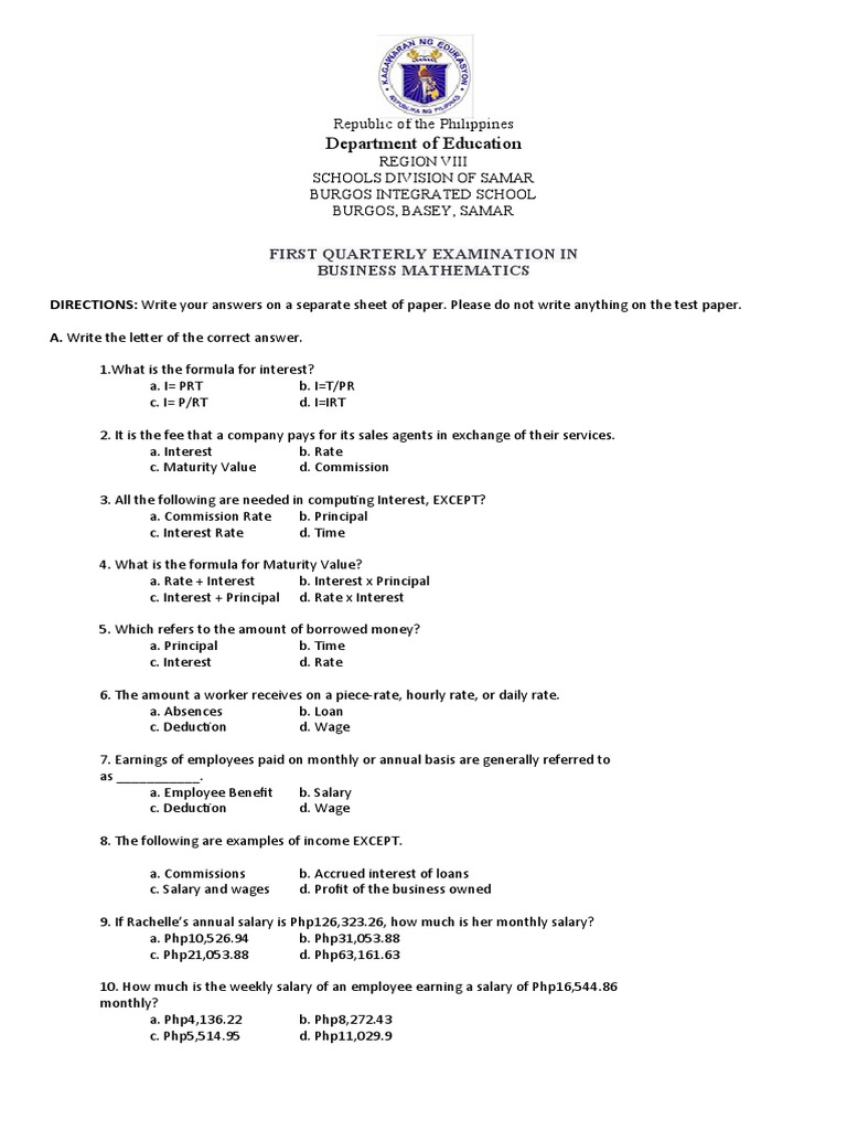 Business Mathematics Exam Questions | PDF | Business | Finance & Money ...