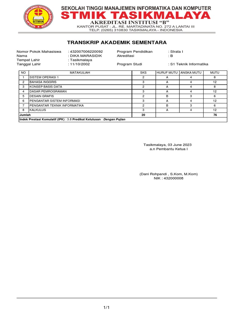 Transkrip Akademik Sementara Datanama Mahasiswa Pdf
