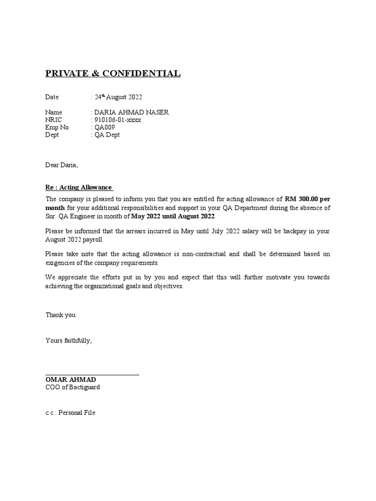 Acting Allowance Letter | PDF