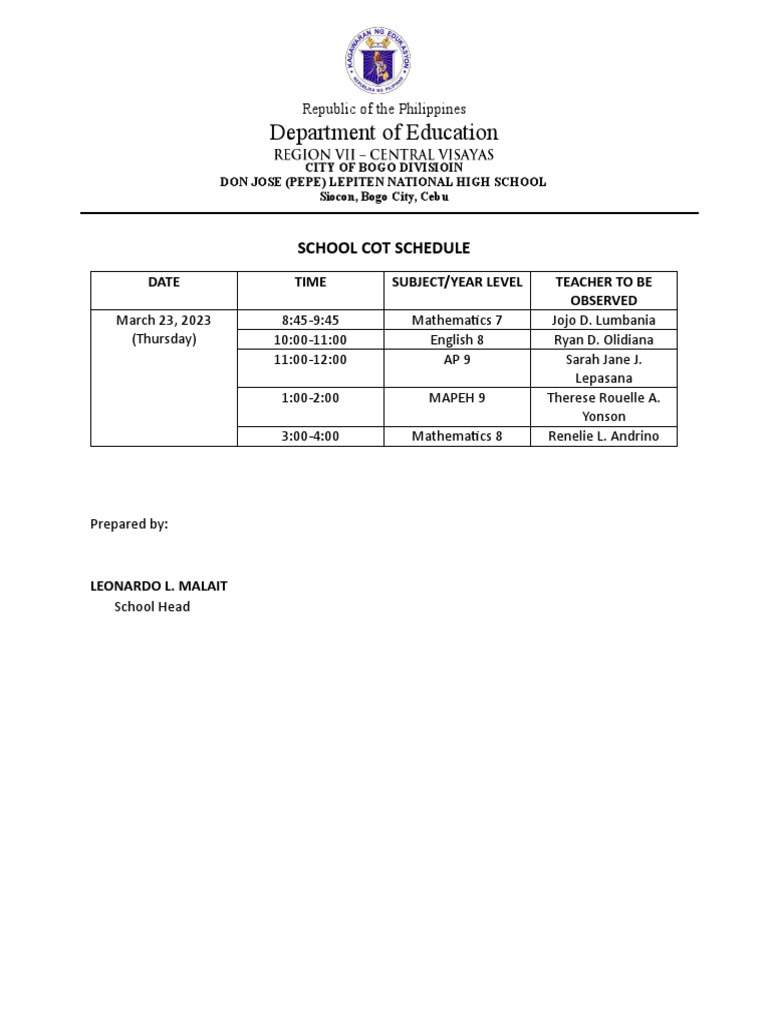 School Cot Schedule PDF