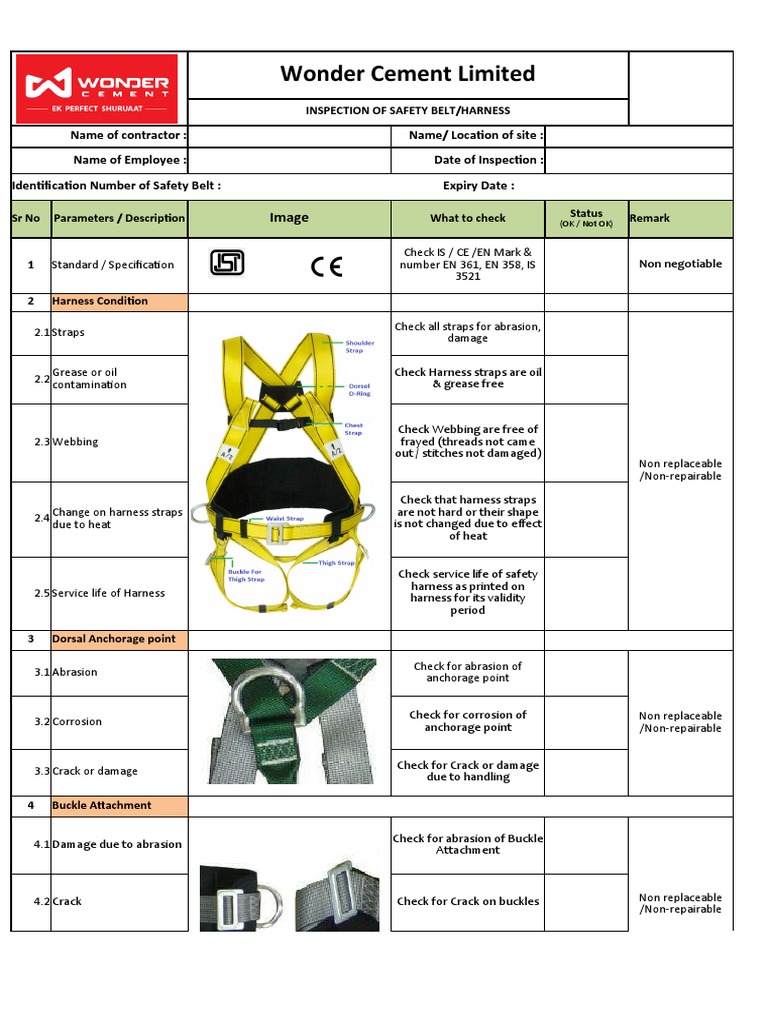 Safety Harness Checklist PDF Equipment Manufactured Goods