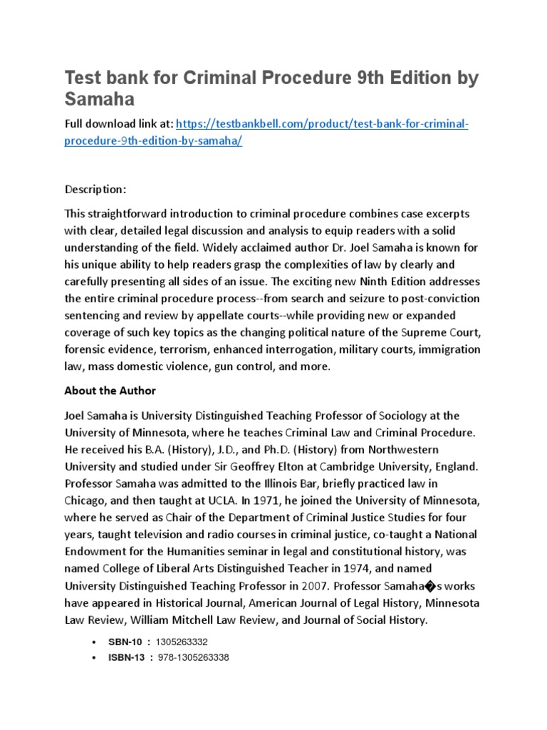 Test Bank for Criminal Procedure 9th Edition by Samaha PDF Search