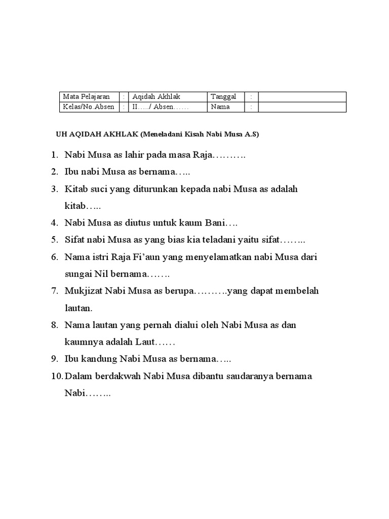 Mata pelajaran aqidah akhlak tanggal kelas no absen ii absen