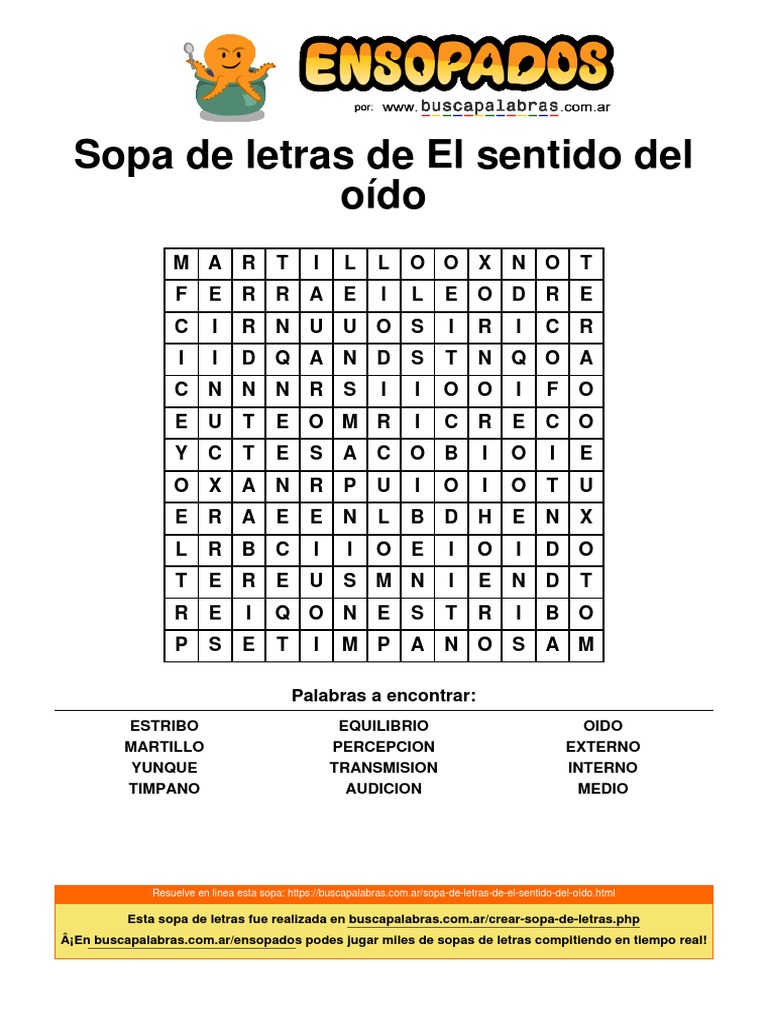 Sopa de letras: El sentido del oído | PDF | Estudios de idiomas extranjeros
