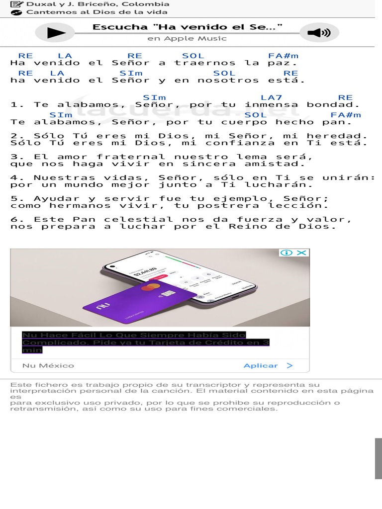 HA VENIDO EL SEÑOR, Música Católica Acordes PDF