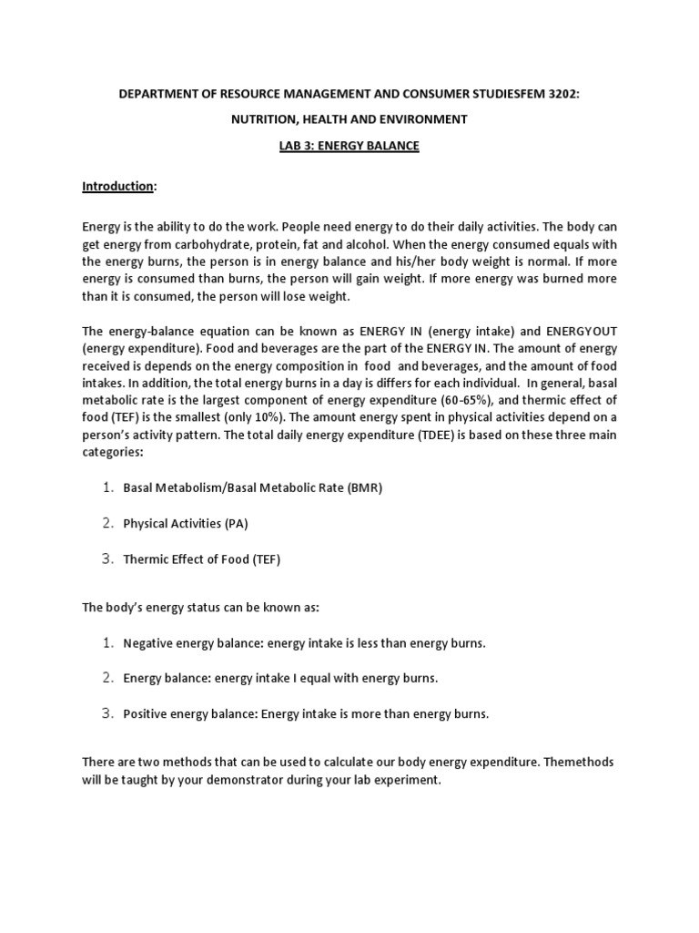 Fem3202 Lab 3 Energy Balance PDF Energy Homeostasis Metabolism
