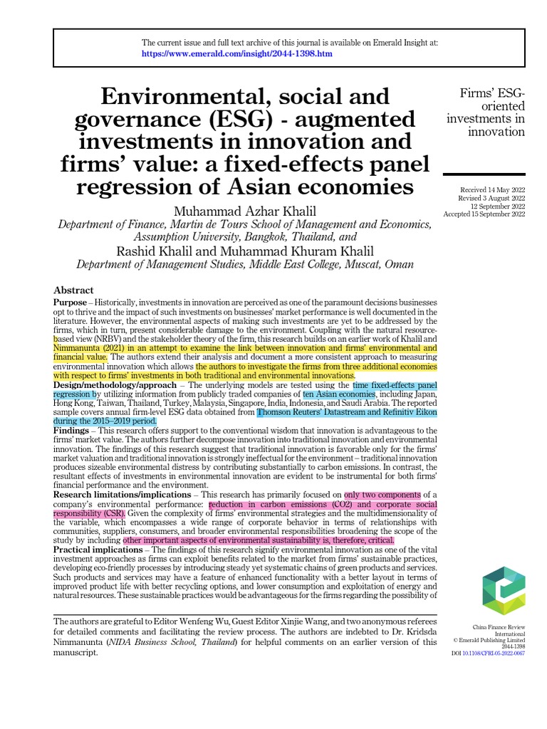 ESG Investments and Innovation Impact | PDF | Innovation | Sustainability