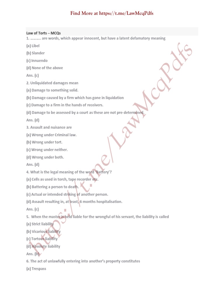 38 Mcqs Tort Pdf Tort Legal Liability