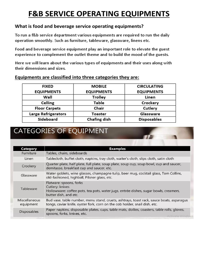 F&B Service Equipment Overview | PDF | Tableware | Cutlery