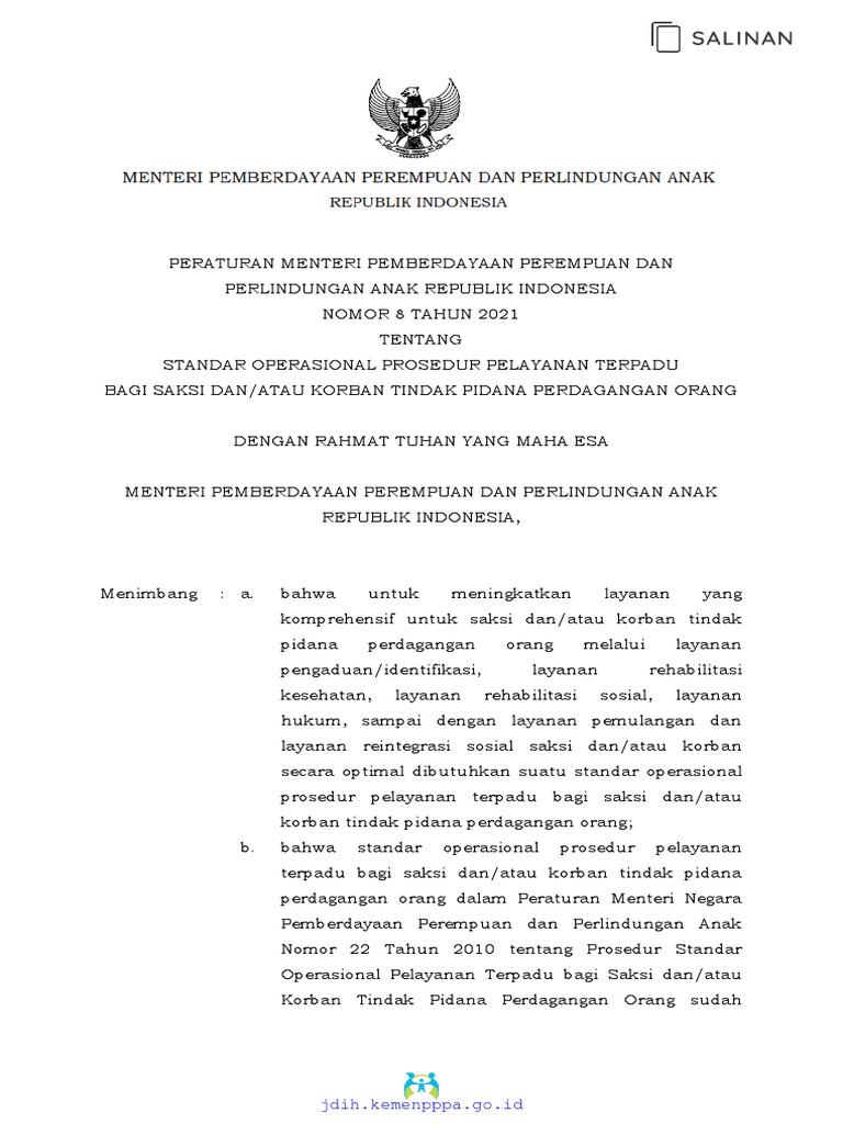 Permen pppa no 8 thn 2021 sop pelayanan terpadu bagi saksi korban