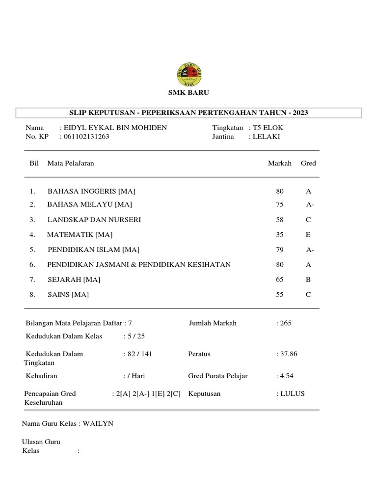 Slip Keputusan Peperiksaan 2023 PDF