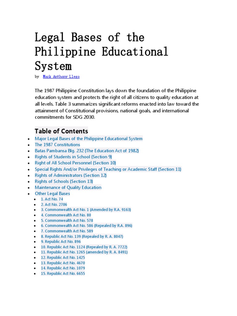 Legal Foundations of Philippine Education | PDF | Teachers | Schools