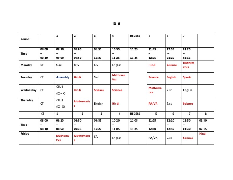 Weekly Class Schedule for IX-A | PDF