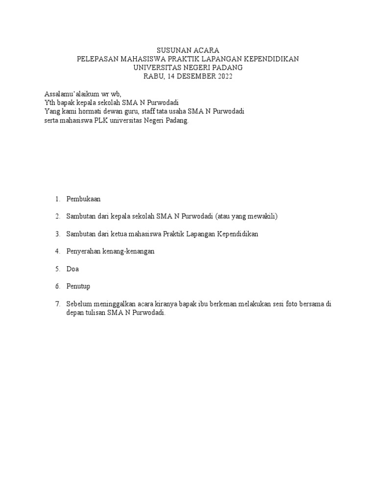 Susunan Acara Perpisahan PLK | PDF